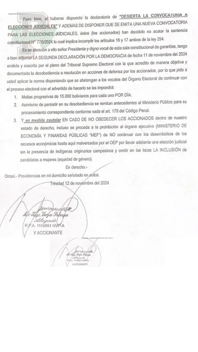 El expostulante busca una sanción económica contra los vocales del TSE por continuar con las elecciones judiciales