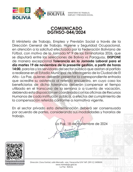 Tolerancia laboral para servidores públicos durante el partido Bolivia vs. Paraguay.