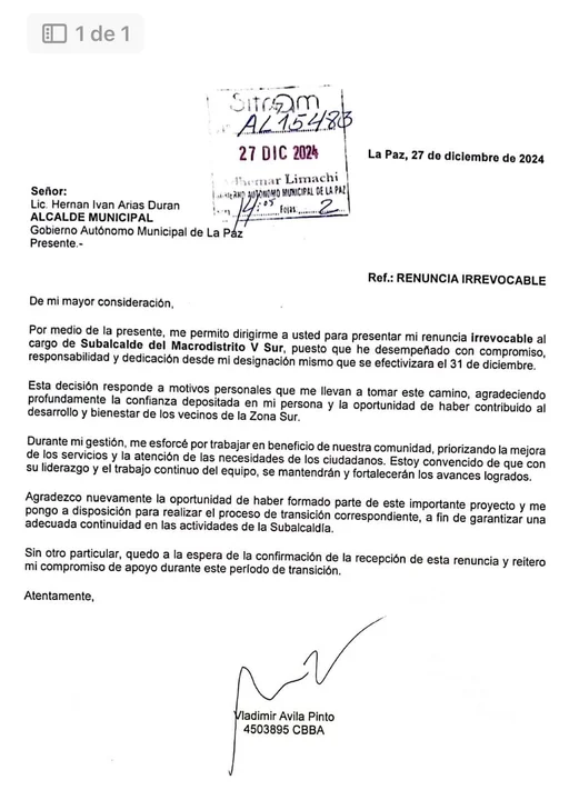 Subalcalde de la Zona Sur de La Paz, Vladimir Ávila, presenta su renuncia irrevocable