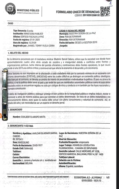 Amílcar Barral amplía la denuncia penal contra el diputado Gualberto Arispe