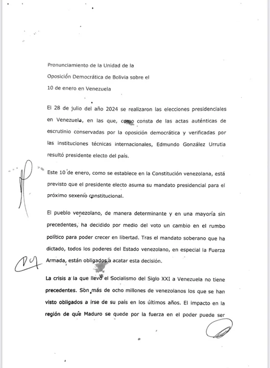 Unidad de la Oposición Democrática de Bolivia expresa respaldo a Venezuela en el crucial 10 de enero