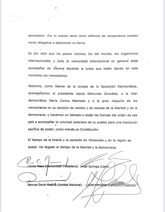 Unidad de la Oposición Democrática de Bolivia expresa respaldo a Venezuela en el crucial 10 de enero