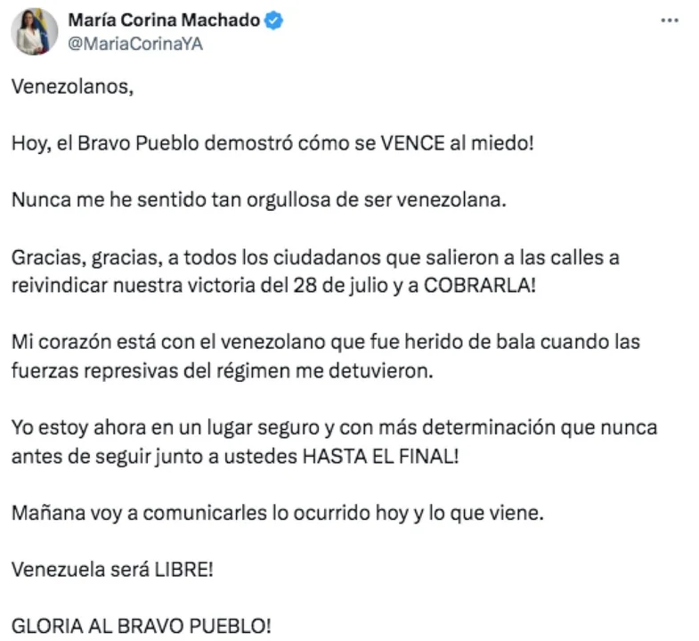 María Corina: voy a comunicarles lo ocurrido y lo que viene.