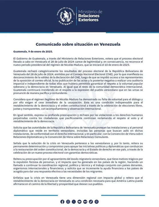 Guatemala no reconoce el nuevo período presidencial de Nicolás Maduro en Venezuela