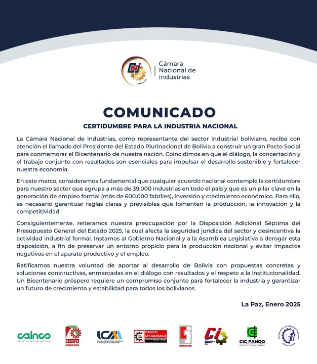 La Cámara Nacional de Industrias insta a garantizar certidumbre para el sector industrial en el marco del Pacto Social del Bicentenario