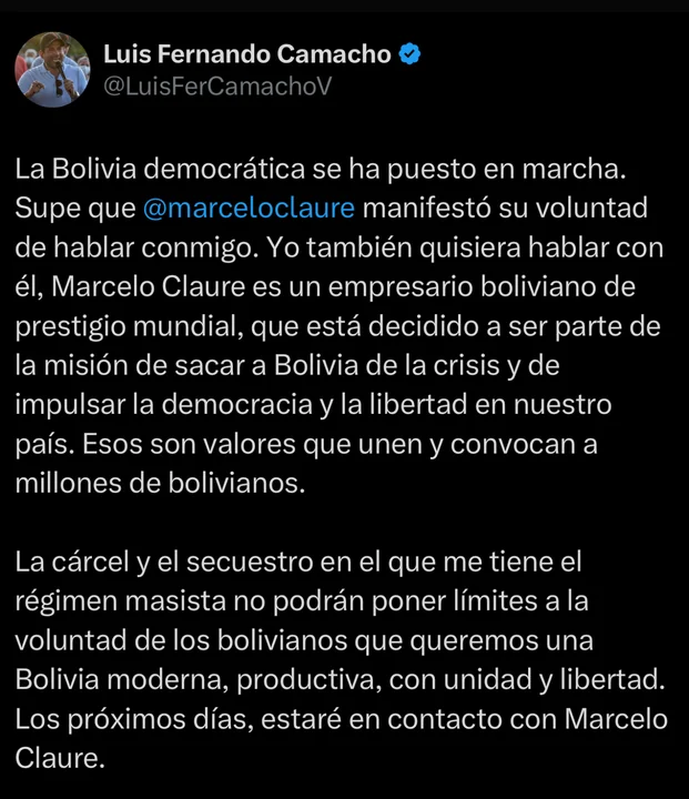 Luis Fernando Camacho y Marcelo Claure buscan dialogar por el futuro de Bolivia