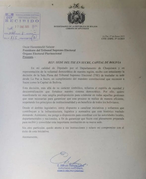 El diputado Pedrazas apoya la propuesta de traslado del TSE a Sucre
