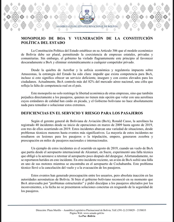 Senadora Rek denuncia a BoA ante la OACI y exige auditoría por riesgo en la seguridad aérea