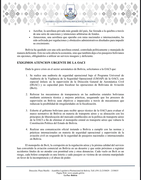 Senadora Rek denuncia a BoA ante la OACI y exige auditoría por riesgo en la seguridad aérea