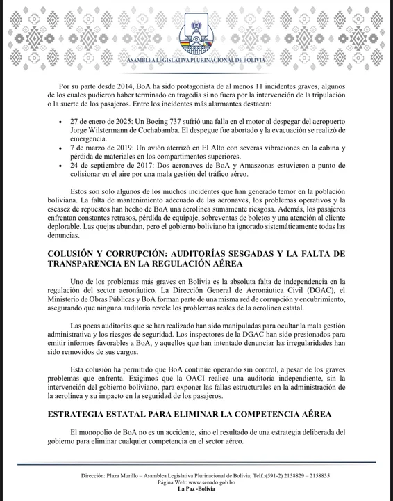 Senadora Rek denuncia a BoA ante la OACI y exige auditoría por riesgo en la seguridad aérea