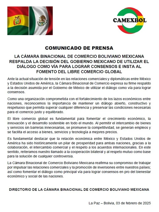 Cámara Binacional de Comercio Boliviano-Mexicana respalda el diálogo como vía para la estabilidad comercial