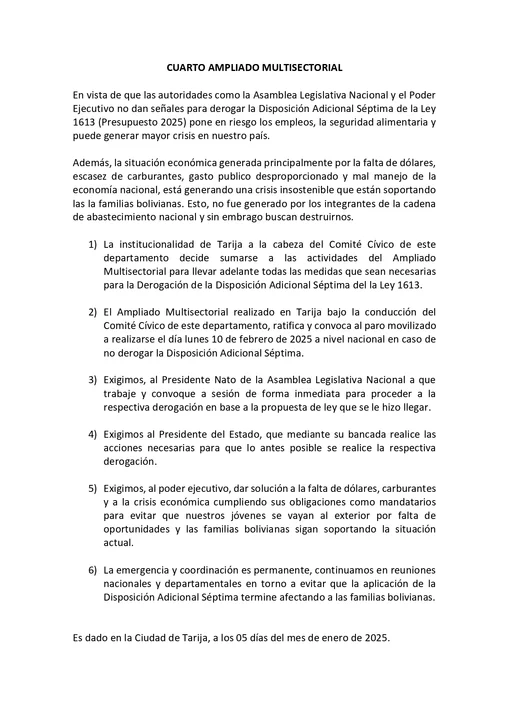 Tarija: Ampliado multisectorial ratifica paro nacional con movilizaciones para el 10 de febrero
