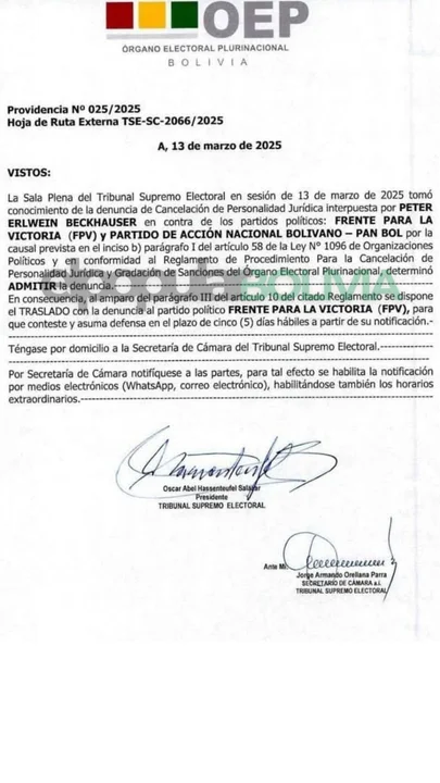 TSE admite denuncia que pide la cancelación de personalidad jurídica del FPV y PAN-BOL