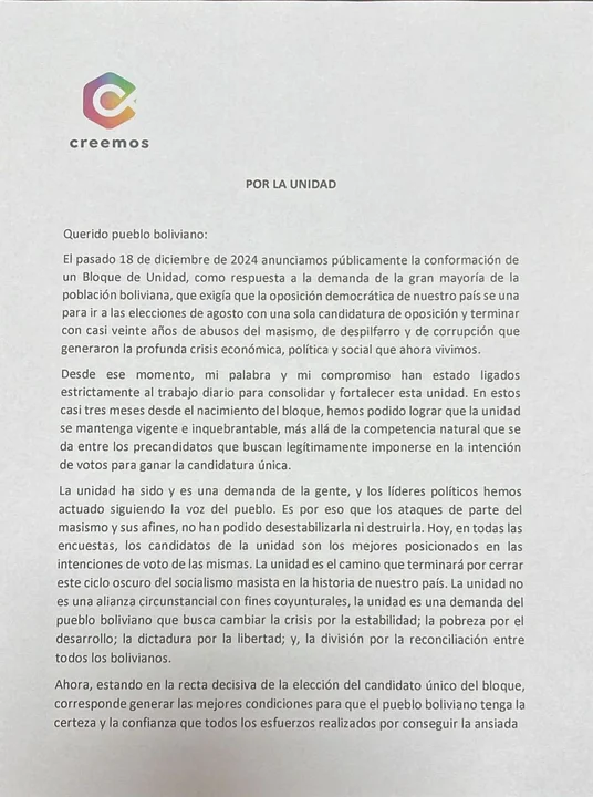 Luis Fernando Camacho renuncia a su candidatura y reafirma su apoyo a la unidad de la oposición
