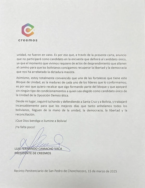 Luis Fernando Camacho renuncia a su candidatura y reafirma su apoyo a la unidad de la oposición