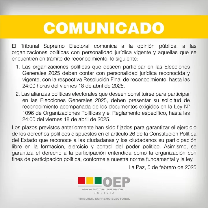 TSE fija el 18 de abril como plazo final para el registro de partidos y alianzas rumbo a las elecciones 2025