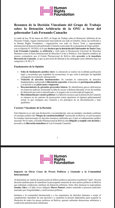 La ONU concluye que la detención de Luis Fernando Camacho es arbitraria y pide su liberación