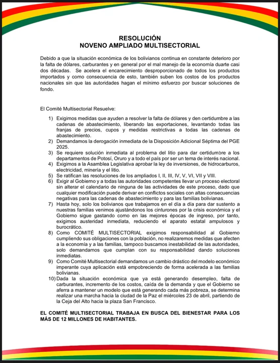Comité Multisectorial anuncia marcha nacional y exige cambio urgente del modelo económico
