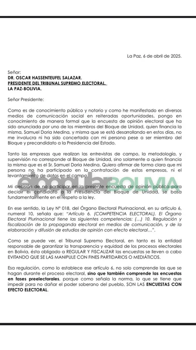 Tuto Quiroga objeta encuesta del bloque de unidad y solicita intervención del Tribunal Supremo Electoral