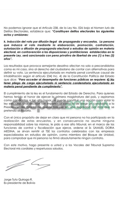 Tuto Quiroga objeta encuesta del bloque de unidad y solicita intervención del Tribunal Supremo Electoral