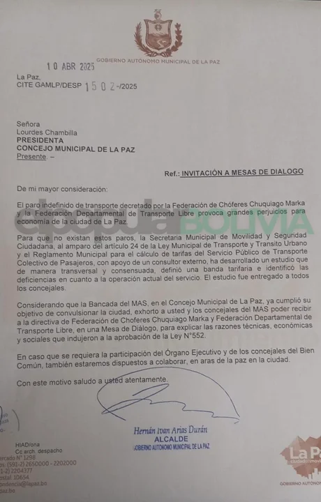 Alcalde Arias convoca a diálogo a concejales del MAS y choferes para resolver el conflicto de tarifas