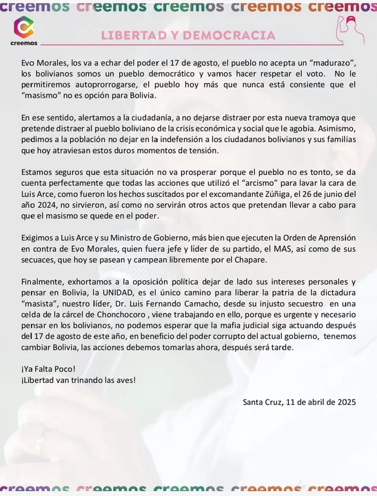 Creemos: “El pueblo boliviano no permitirá un intento de prórroga del masismo.”