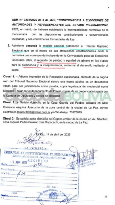 Diputado Israel Huaytari presenta acción de inconstitucionalidad contra la convocatoria electoral 2025 y exige paridad en duplas presidenciales