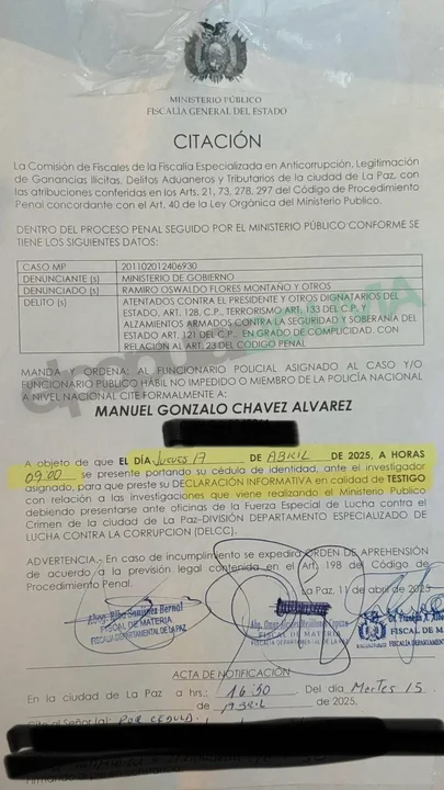 Gonzalo Chávez es citado a declarar por el Ministerio Público en el marco del caso "golpe de Estado fallido"