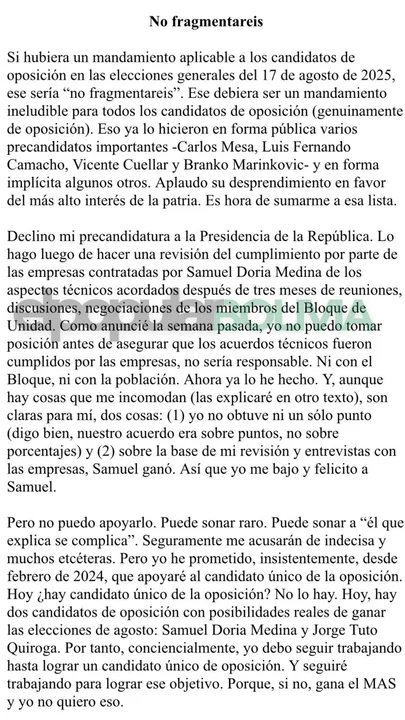 Amparo Ballivián declina su postulación presidencial: “Ganó Samuel“