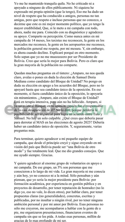 Amparo Ballivián declina su postulación presidencial: “Ganó Samuel“