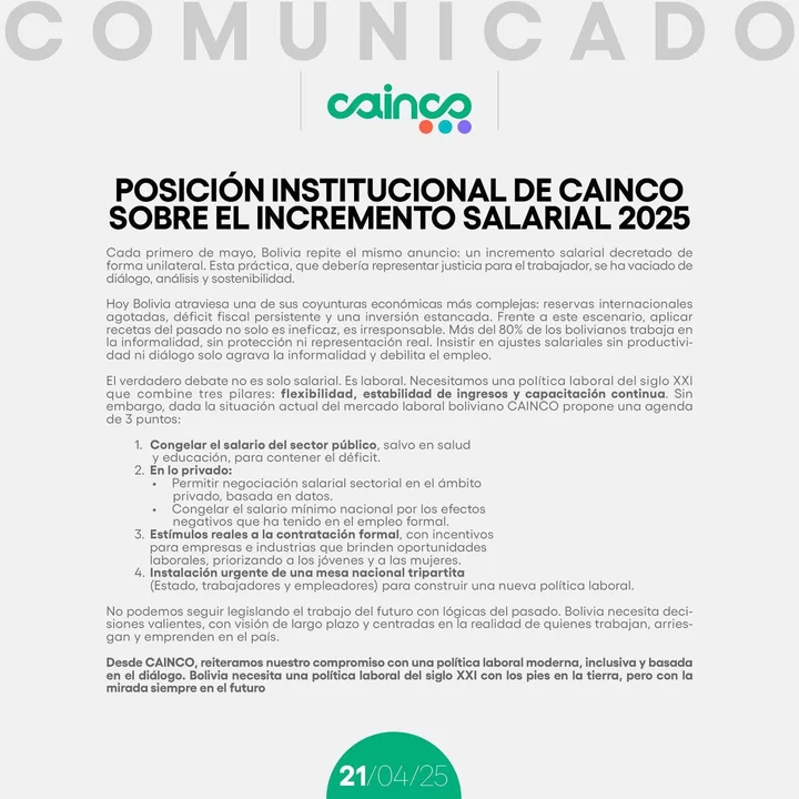 CAINCO plantea congelar salarios públicos y establecer una mesa tripartita para construir una nueva política laboral