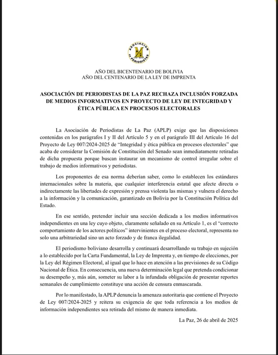 Asociación de Periodistas de La Paz solicita retirar disposiciones que afectan a medios en proyecto de ley de integridad electoral