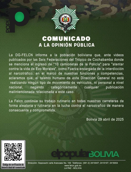 FELCN niega movilización policial contra Evo Morales y desmiente acusaciones de las Seis Federaciones del Trópico