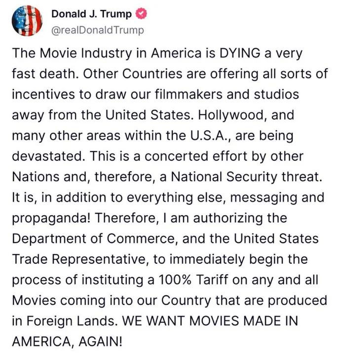 Trump propone arancel del 100% a películas extranjeras para “salvar Hollywood”