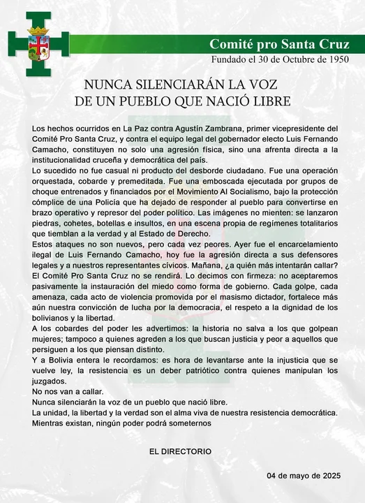 El Comité Cívico Pro Santa Cruz denuncia ataque a su vicepresidente y advierte sobre una persecución política