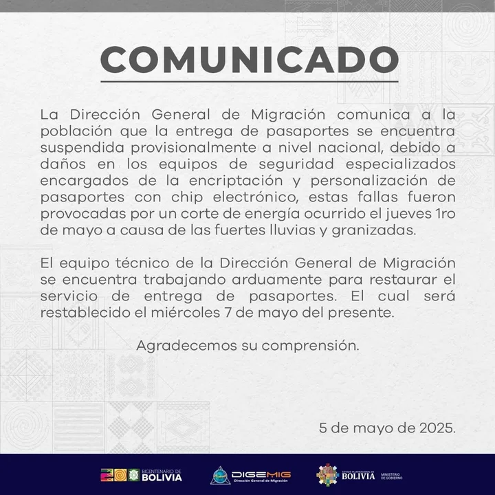 Migración suspende la entrega de pasaportes a nivel nacional debido a fallas técnicas tras un corte de energía