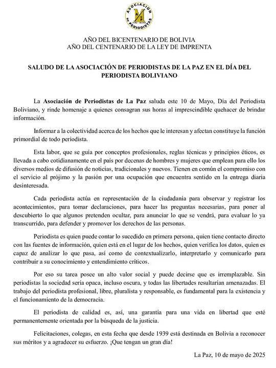 La Asociación de Periodistas de La Paz rinde homenaje a la labor periodística en su día