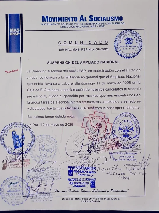 MAS suspende ampliado nacional donde se esperaba proclamar a su binomio presidencial