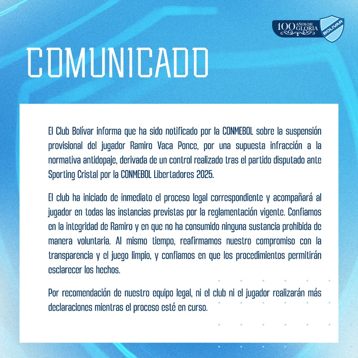 Ramiro Vaca es suspendido provisionalmente por presunto dopaje y no jugará ante Palmeiras