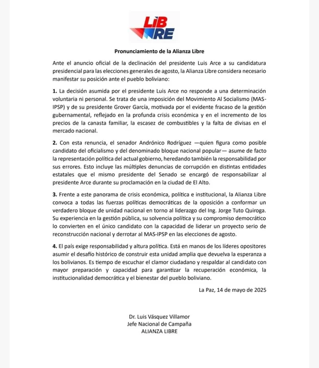 Alianza Libre atribuye presión interna a la renuncia de Arce y llama a conformar un bloque opositor para enfrentar al MAS