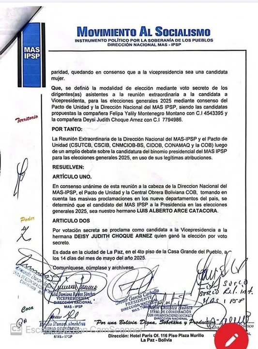 Luis Arce será candidato presidencial del MAS-IPSP, y Deisy Choque lo acompañará como candidata a la Vicepresidencia