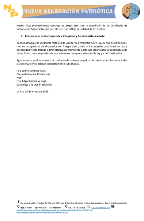 TSE aclara que Jaime Dunn no está inscrito como candidato presidencial: NGP ya registró a otro postulante