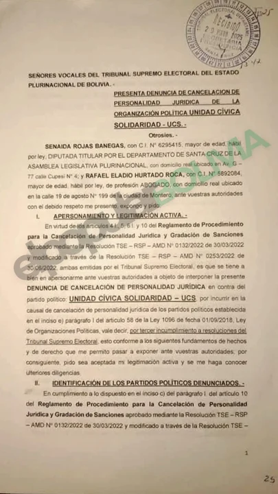 Presentan denuncia ante el TSE para cancelar la personería jurídica de UCS por presunto incumplimiento de resoluciones