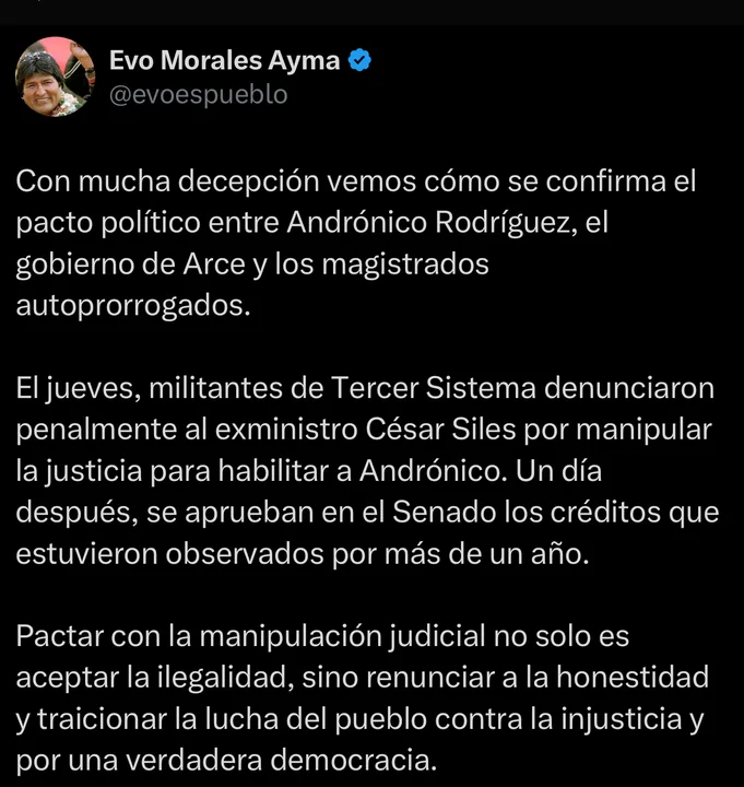  Evo Morales acusa al presidente Luis Arce de destruir la economía y pactar con magistrados “autoprorrogados”